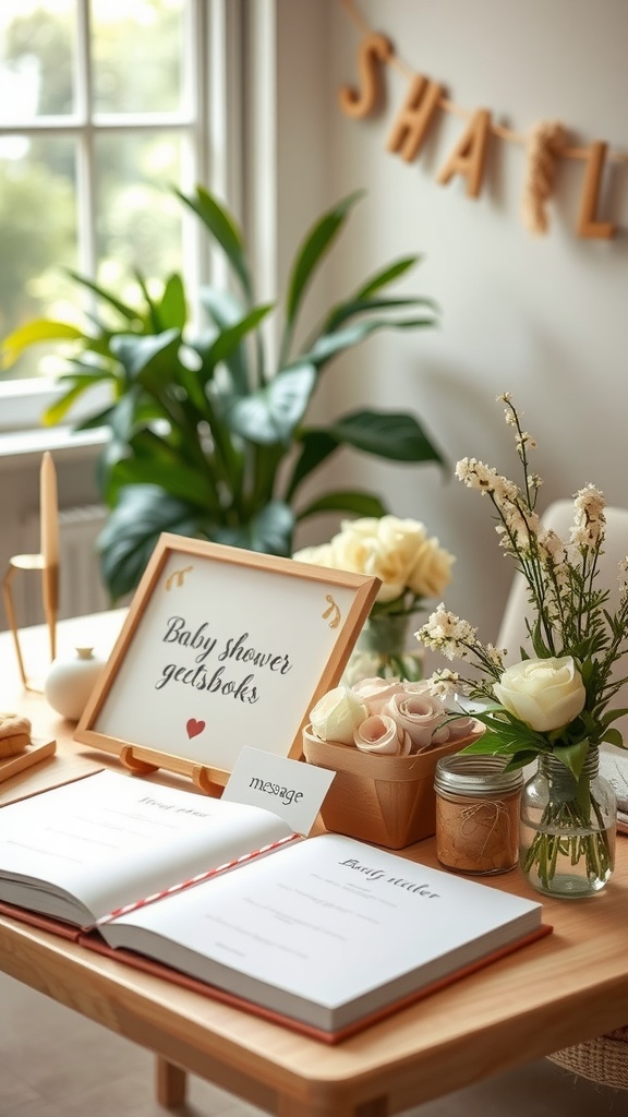 A cozy baby shower guestbook setup featuring a sign, flowers, and a traditional guestbook.