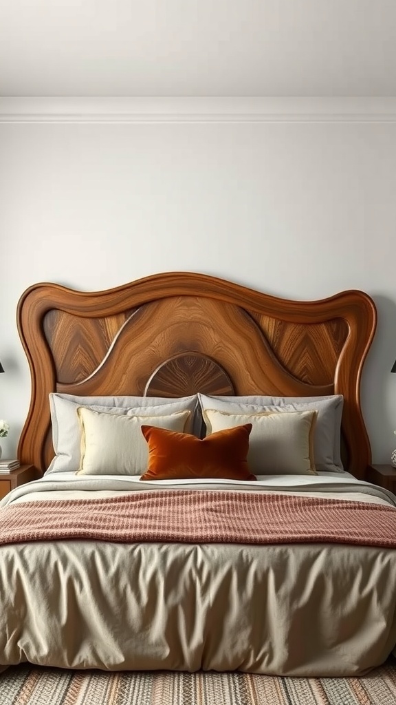 A luxury bedroom featuring a unique wooden headboard with intricate designs, soft bedding, and an accent pillow.