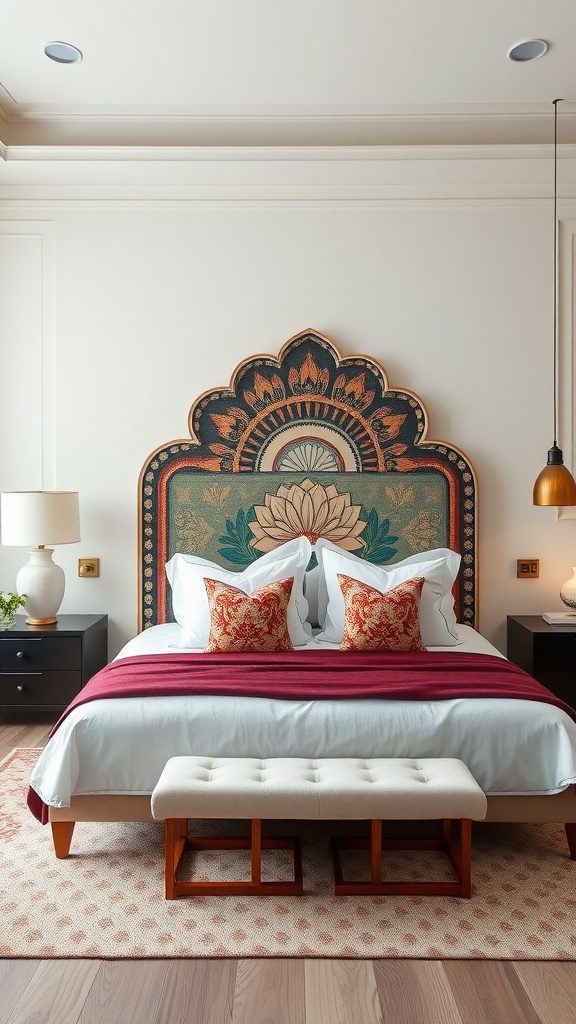 A beautifully designed Indian headboard with floral motifs in a modern bedroom setting.
