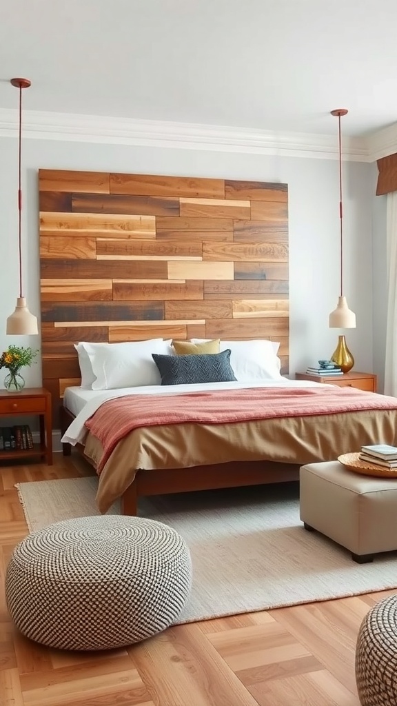 A cozy bedroom featuring a unique wooden headboard made from various planks, with soft bedding and pendant lights.