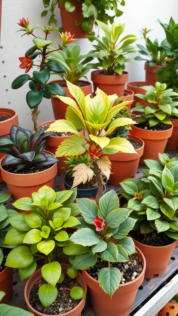 A vibrant display of various houseplants in terracotta pots, featuring lush green leaves and colorful flowers.