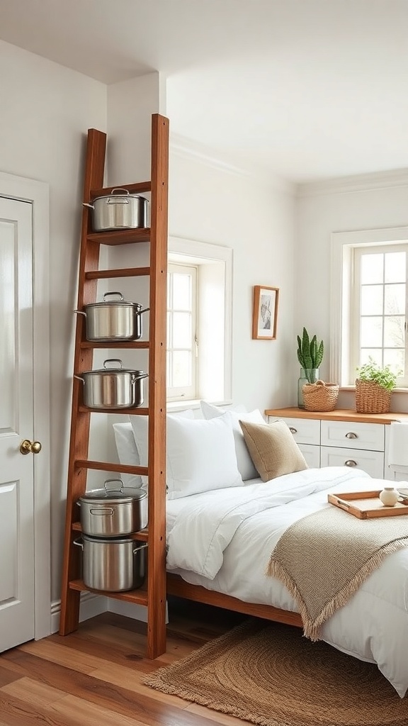 A wooden ladder used for kitchen storage, holding pots, in a cozy kitchen setting.