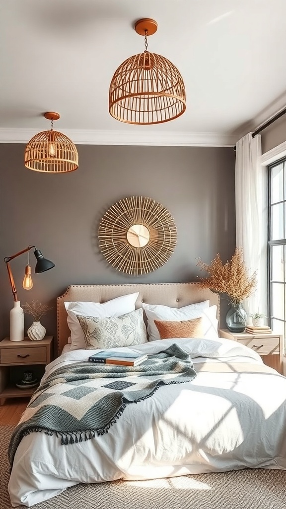 A cozy boho bedroom featuring unique lighting fixtures, a comfortable bed, and stylish decor.