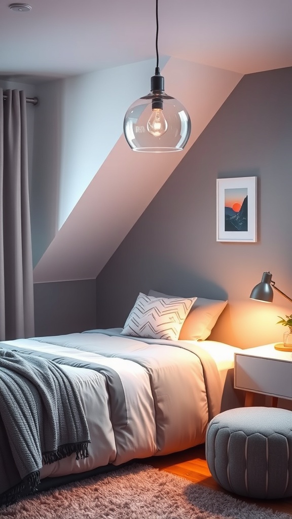 A cozy bedroom featuring a stylish glass pendant light, a neatly made bed with a soft blanket, and a modern bedside table with a lamp.