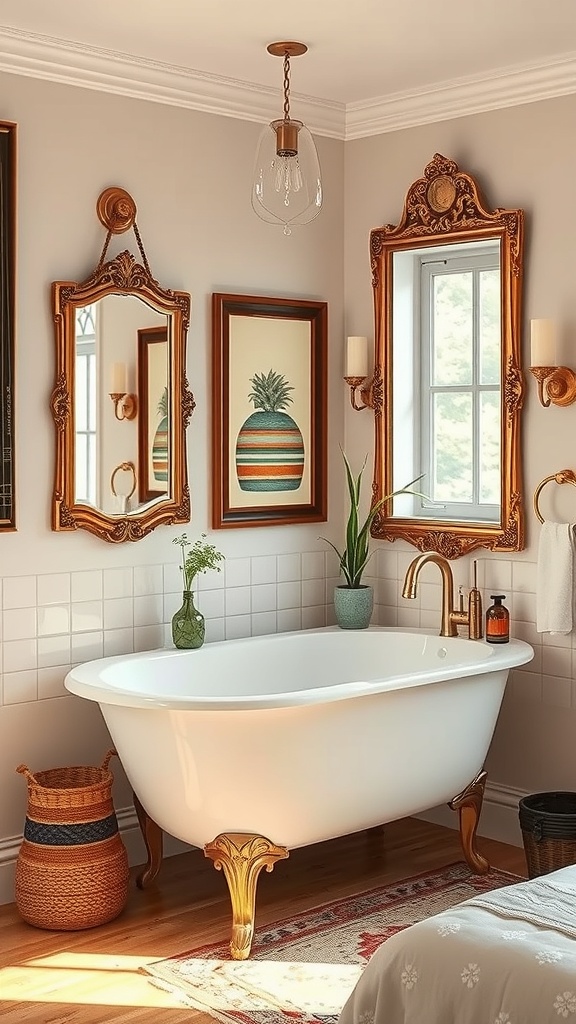 A bohemian-style bathroom featuring ornate mirrors, elegant fixtures, and natural elements.
