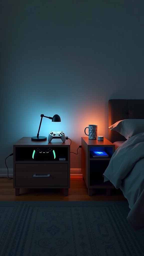 A cozy gamer bedroom with two stylish nightstands; one featuring a blue light and gaming console, and the other with an orange glow and a coffee mug.