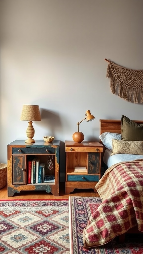 Two unique nightstands in a boho green bedroom setting.