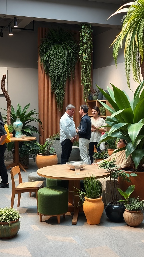 A group of people interacting in a space filled with various non-toxic house plants.