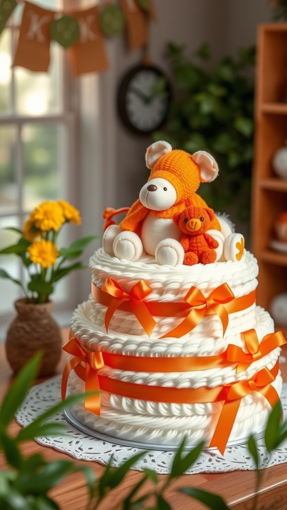 A three-tiered diaper cake with orange bows, topped with plush toys.