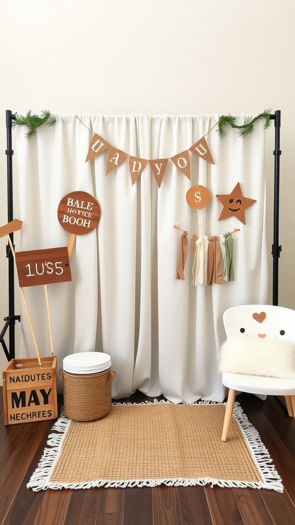 A neutral boy baby shower photo booth setup with a banner, props, and a cozy chair.
