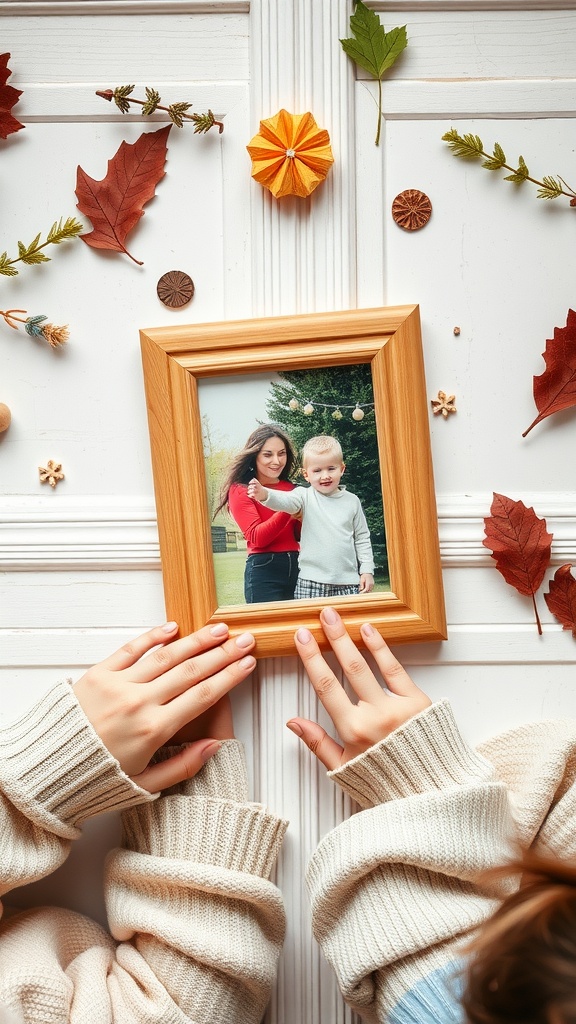 A wooden picture frame with a photo, surrounded by autumn leaves and decorative elements.