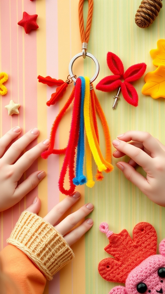 Colorful pipe cleaner keychain on a striped background with playful decorations