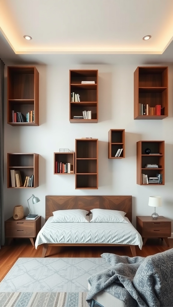 A stylish bedroom featuring multiple uniquely shaped wooden bookcases mounted on the wall.
