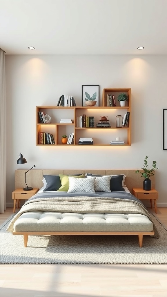 A modern living room with a stylish shelving display featuring books, plants, and decorative items.