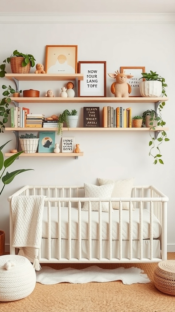 Stylish nursery with floating shelves filled with books and toys, featuring a crib and plants.