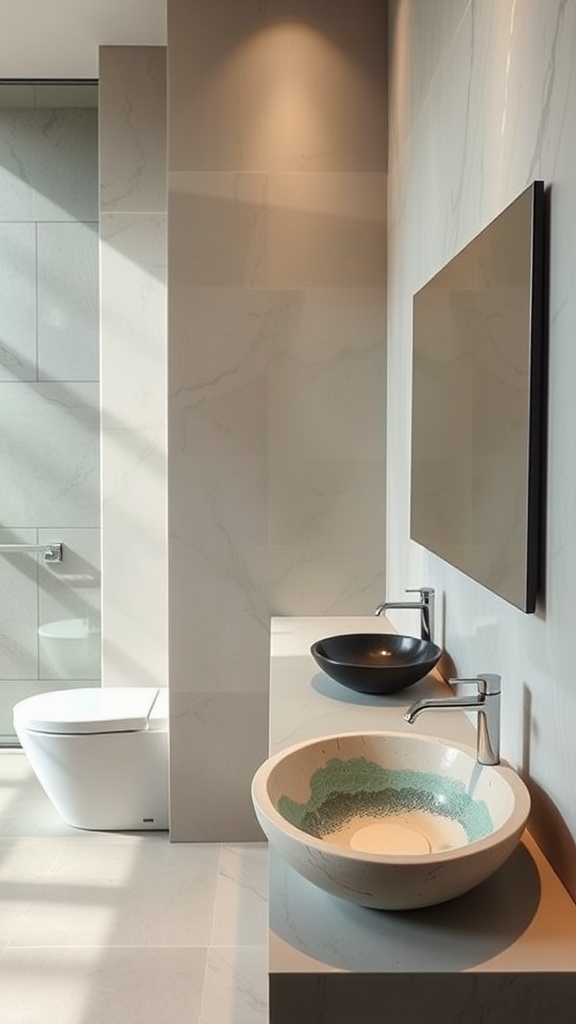 A modern bathroom featuring two unique sinks: a colorful artistic sink and a sleek black minimalist sink.