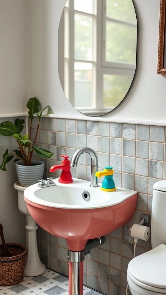 A colorful kids bathroom featuring a playful pink sink with vibrant red and yellow faucet handles.