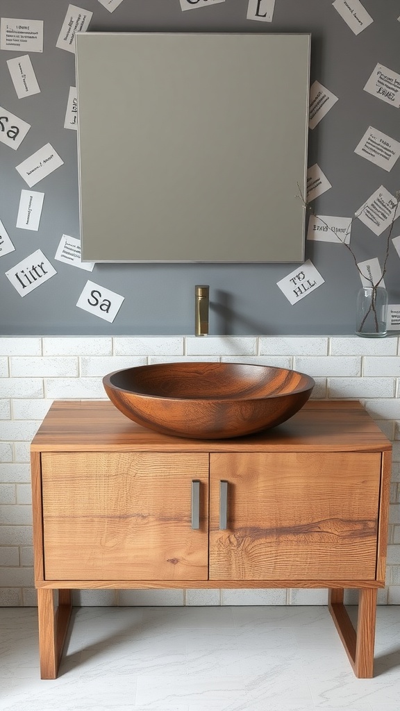 Modern rustic bathroom with a wooden sink bowl and a wooden vanity.