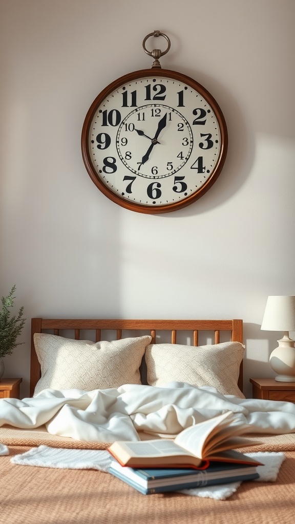 A vintage wall clock with a wooden frame and bold numbers, hanging above a cozy bed with pillows and an open book.