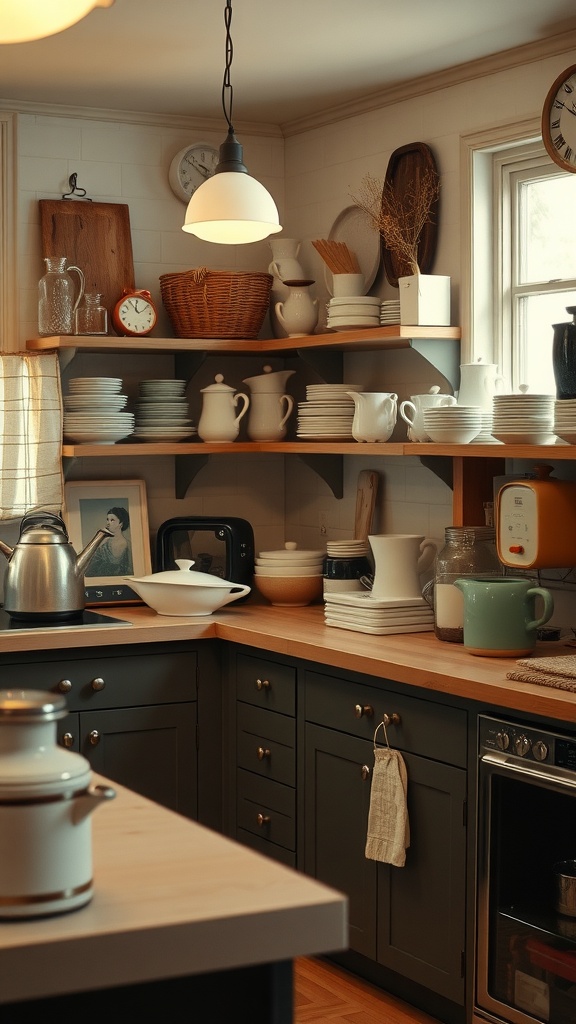 A vintage-inspired kitchen with rustic wooden shelves, ceramic dishware, and nostalgic kitchenware.