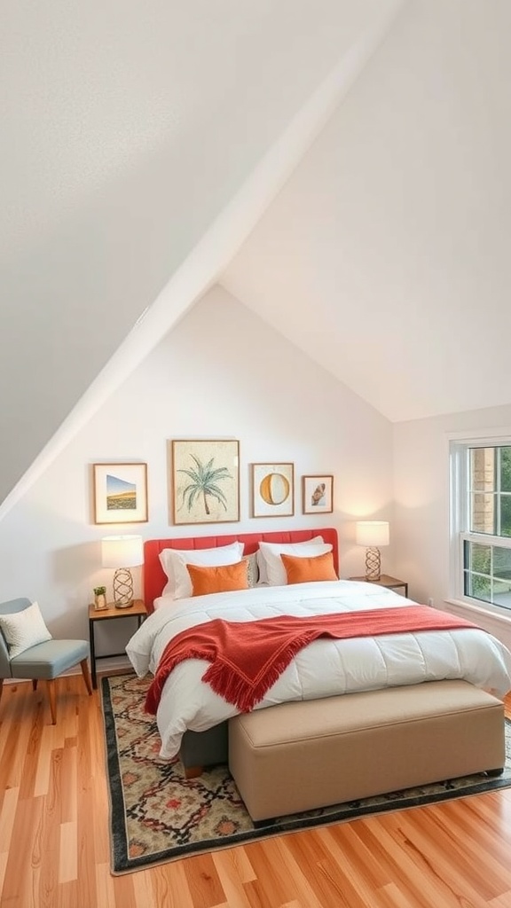 Cozy bedroom with sloped ceiling featuring unique wall art and warm decor