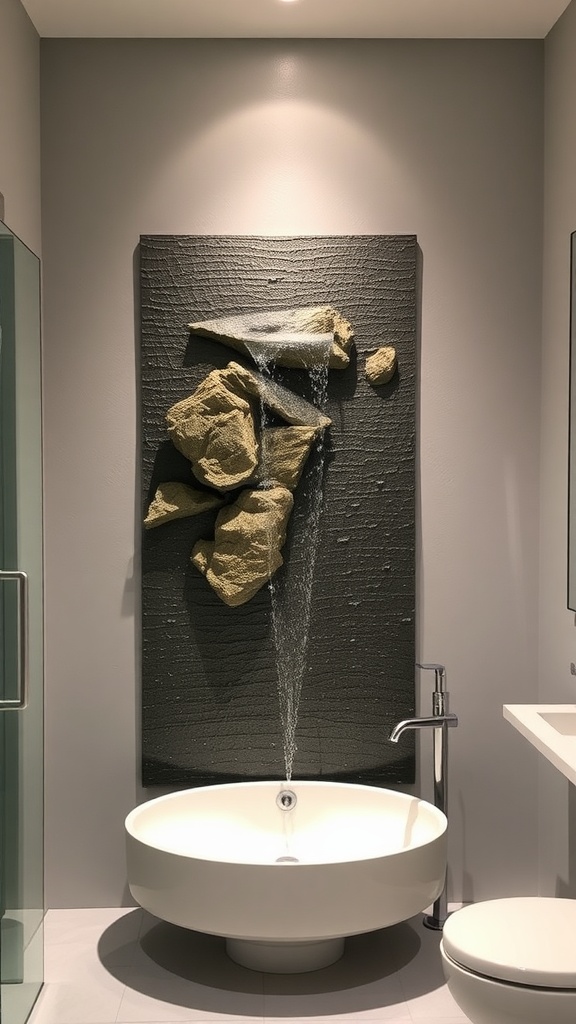 A modern bathroom with a unique water feature resembling a waterfall made of rocks.