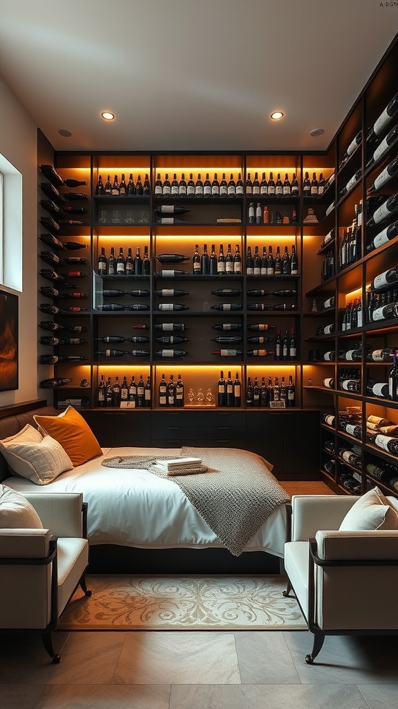 A modern wine cellar featuring shelves filled with wine bottles, a cozy seating area, and warm lighting.
