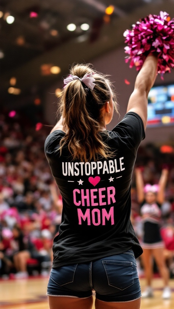 A cheer mom wearing a black tee that says 'Unstoppable Cheer Mom' with a heart, holding pom poms in a cheering stance