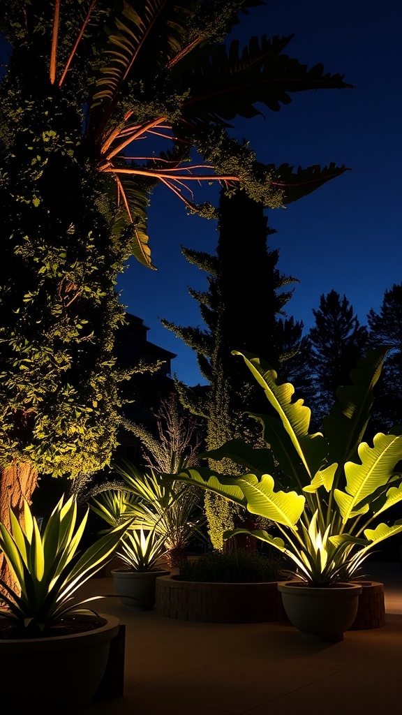 An illuminated backyard showcasing various trees and plants with up-lighting at night