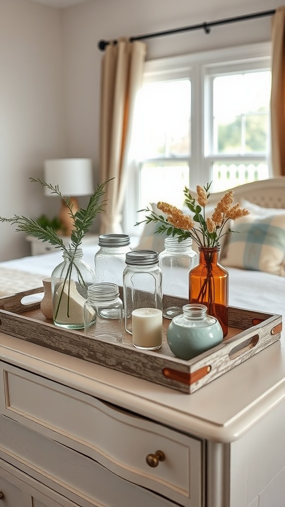 A wooden tray with glass jars and vases on a bedside table in a cozy bedroom.