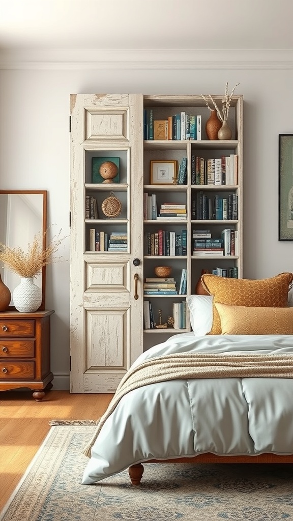A bookshelf made from an old door, filled with books and decorative items, in a cozy bedroom setting.
