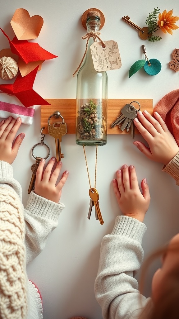 A creative upcycled bottle key holder with a wooden base, glass bottle filled with decor, and keys hanging below.