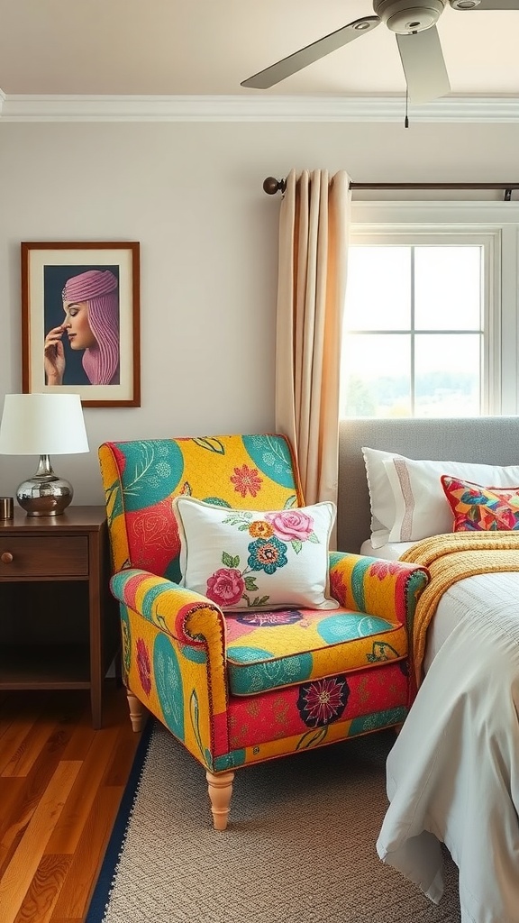 Colorful upcycled chair in a bright bedroom setting
