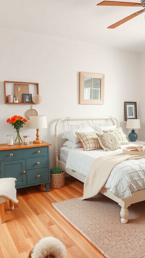 A cozy bedroom featuring upcycled decor, including a blue dresser, soft bedding, and wall art.