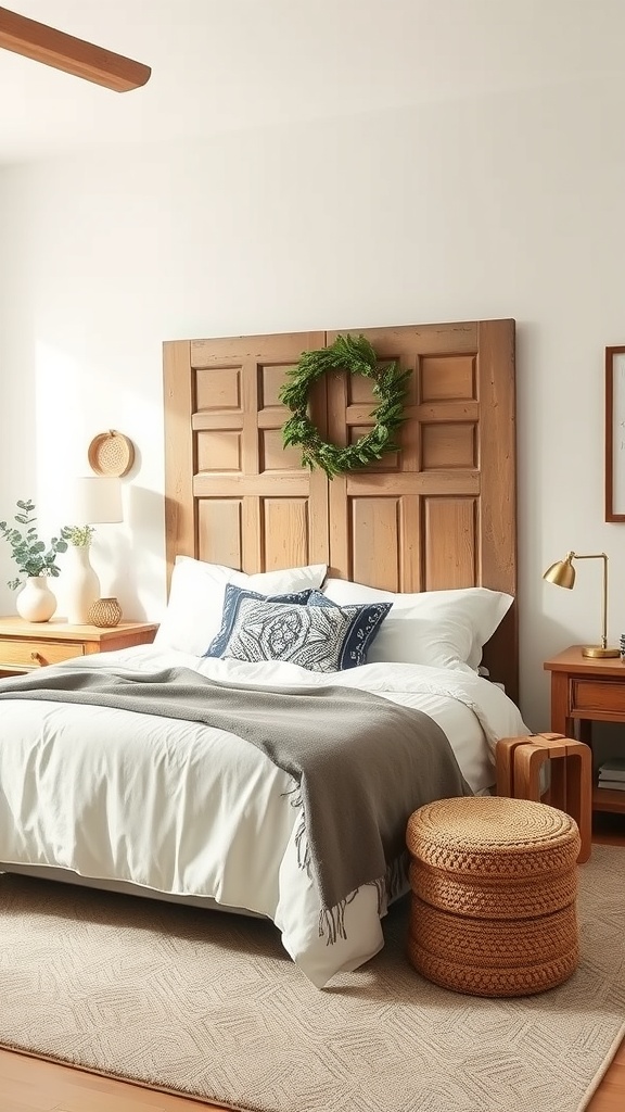 An upcycled door headboard with a wreath, cozy bedding, and wooden furniture in a bright bedroom.