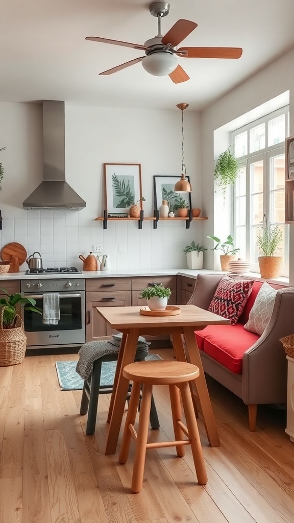 A cozy kitchen featuring upcycled furniture, including a wooden table and stools, with plants and warm colors.