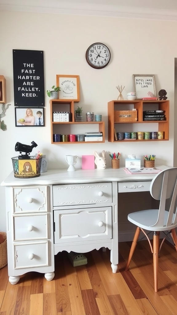 A white upcycled desk with colorful shelves and decorations in a craft room.