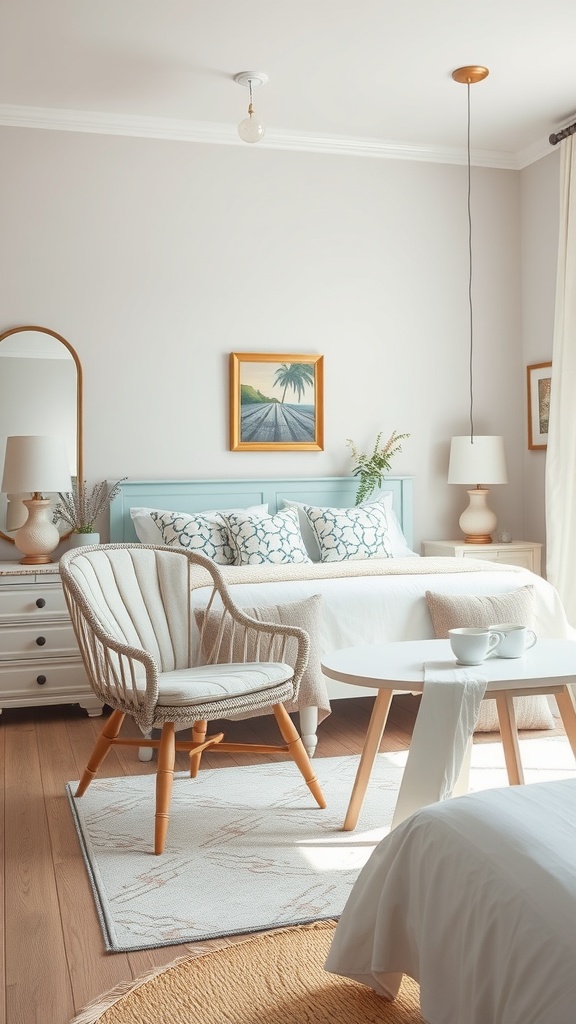 A cozy bedroom featuring upcycled furniture, including a light blue headboard and a woven chair.