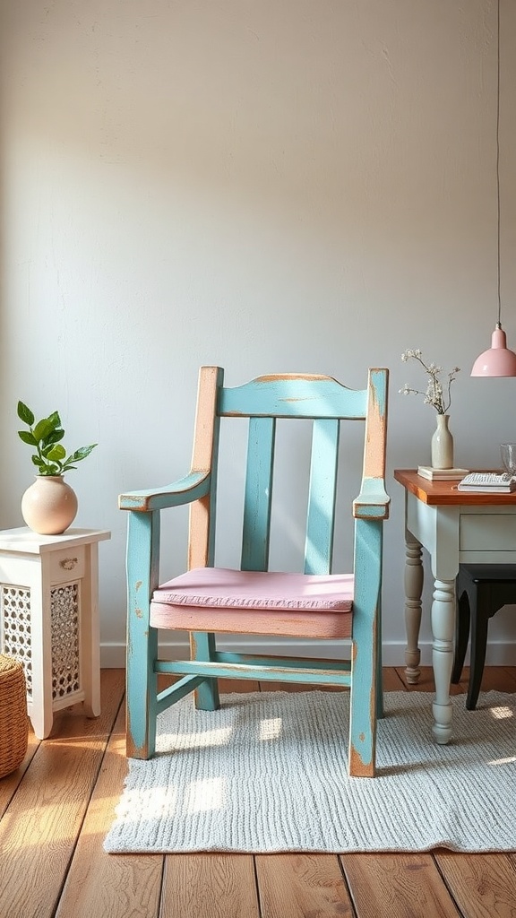 A rustic upcycled chair painted in blue and peach, with a pink cushion, beside a small side table and a potted plant.