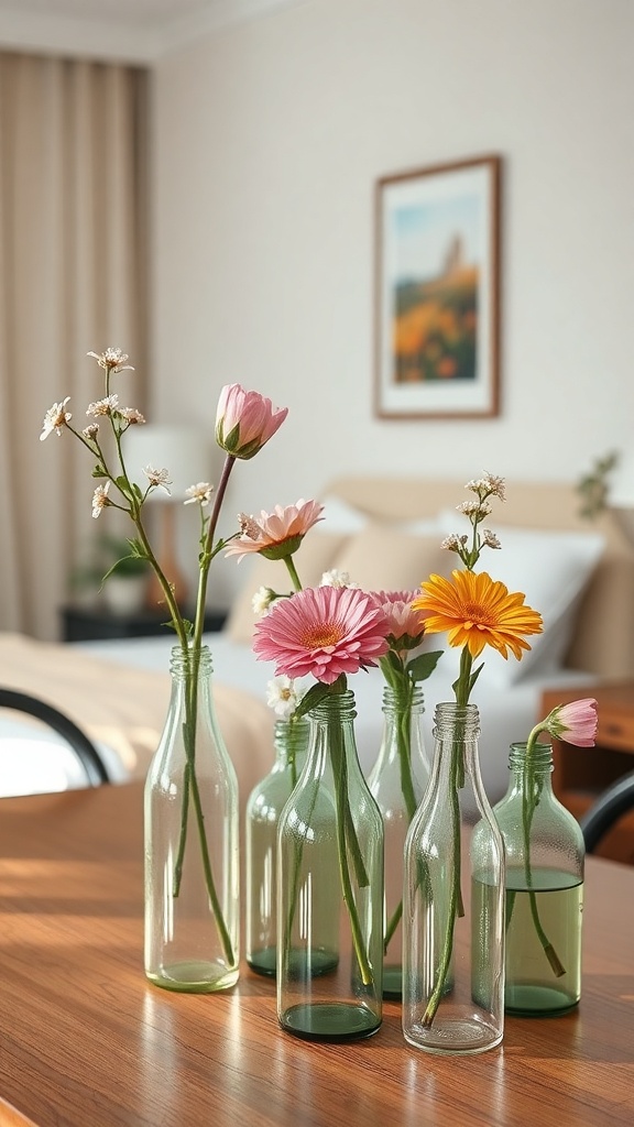 A collection of upcycled glass bottle vases with colorful flowers on a wooden table.