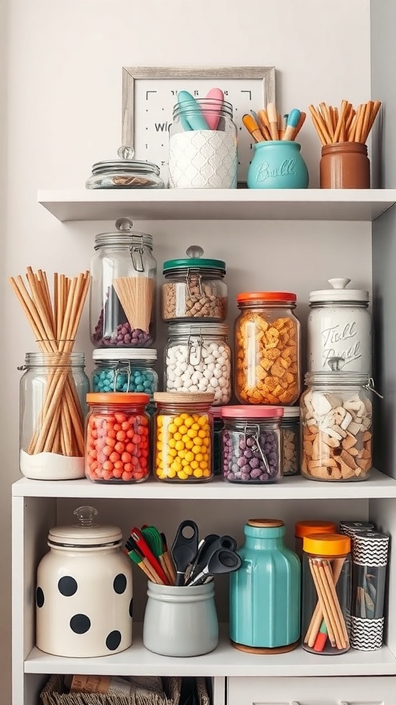 A shelf displaying various upcycled jars filled with colorful craft supplies, including pom-poms, beads, and craft sticks.