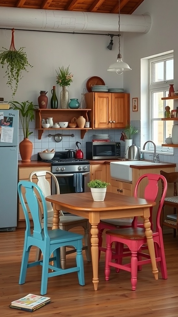 A cozy kitchen featuring upcycled furniture with blue and pink chairs around a wooden table, showcasing a warm and inviting atmosphere.