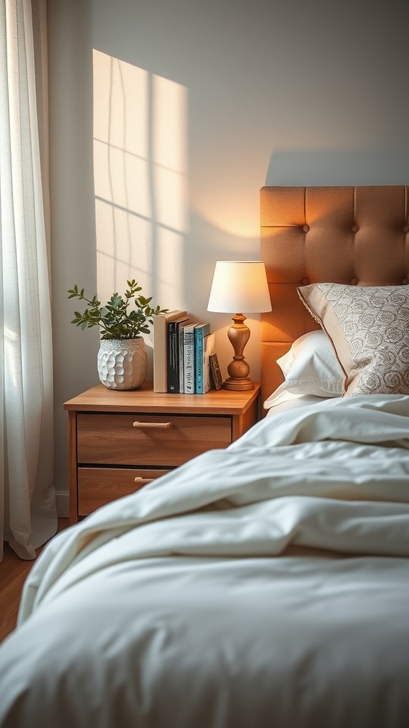 Cozy bedroom with an upcycled nightstand made from a drawer, featuring a lamp, books, and a plant.