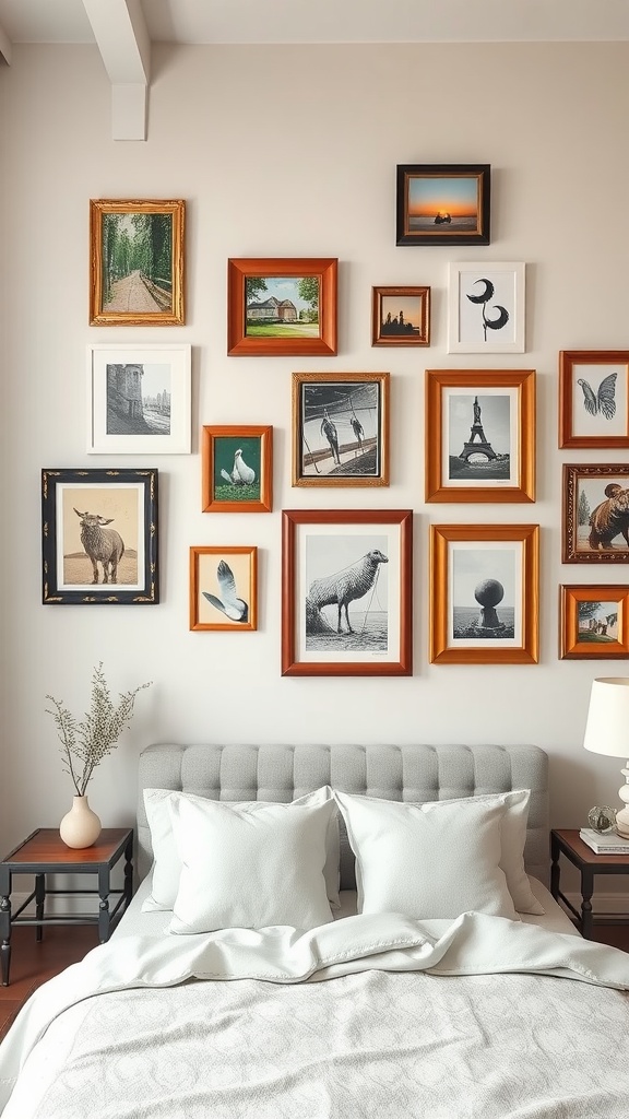 A gallery wall featuring various upcycled picture frames with art and photography in a cozy bedroom setting.