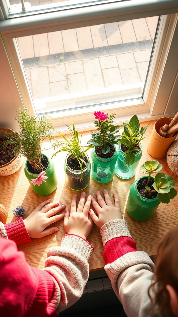 Colorful upcycled planters made from bottles, with hands exploring the plants