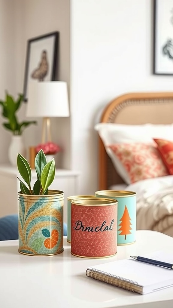 Colorful upcycled tin cans used as desk organizers with a small plant