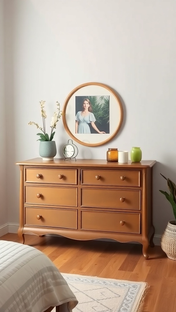 A vintage dresser with six drawers, decorated with plants, candles, and a round mirror.