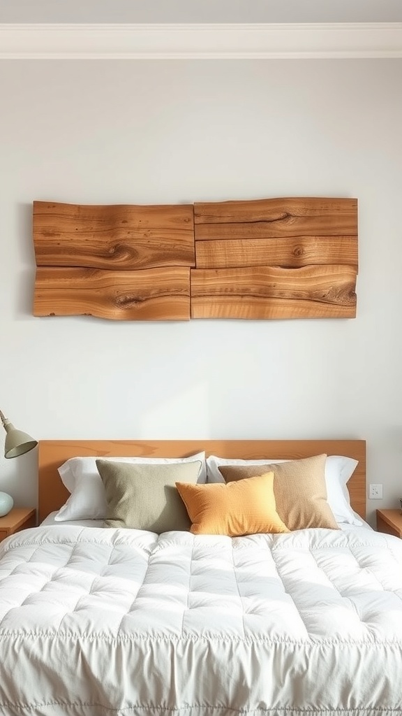 A piece of upcycled wood art displayed above a bed, showcasing natural wood grains.