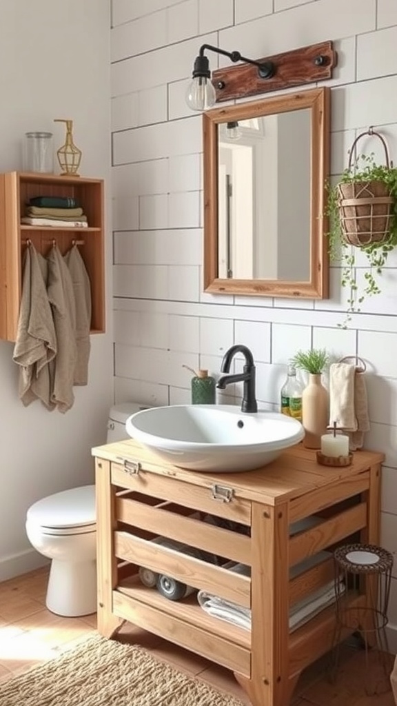 Rustic bathroom featuring an upcycled wooden crate as a sink with a round basin, black faucet, mirror, and natural decor.