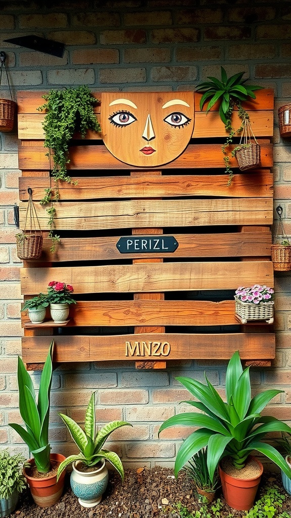 A wooden pallet art display with a face design, adorned with hanging plants and potted greenery.